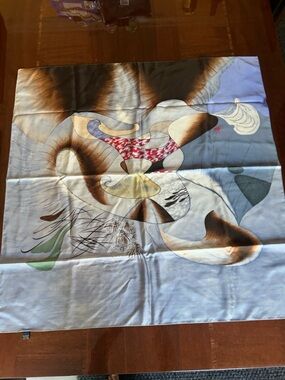 Light Blue, Brown & Cream Abstract Print Silk Scarf 34“ x 34“ Korean